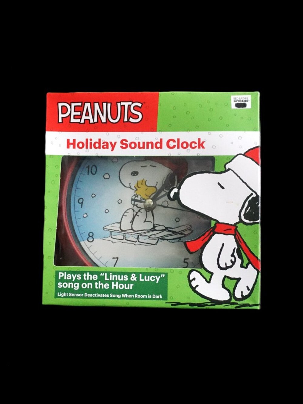 Peanuts Holiday Sound Wall Clock Dark Red Round Frame with Snoopy & Woodstock